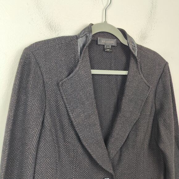 St John Knit Blazer Size 12 Black Herringbone Leather Trim Preppy Dog Show FLAWS - Picture 2 of 13